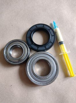 Для bosch, siemens Комплект підшипників SKF 6205+6206 + сальник (37.4*62*10/12 mm/мм) + мастило для пральної машини 13237 фото
